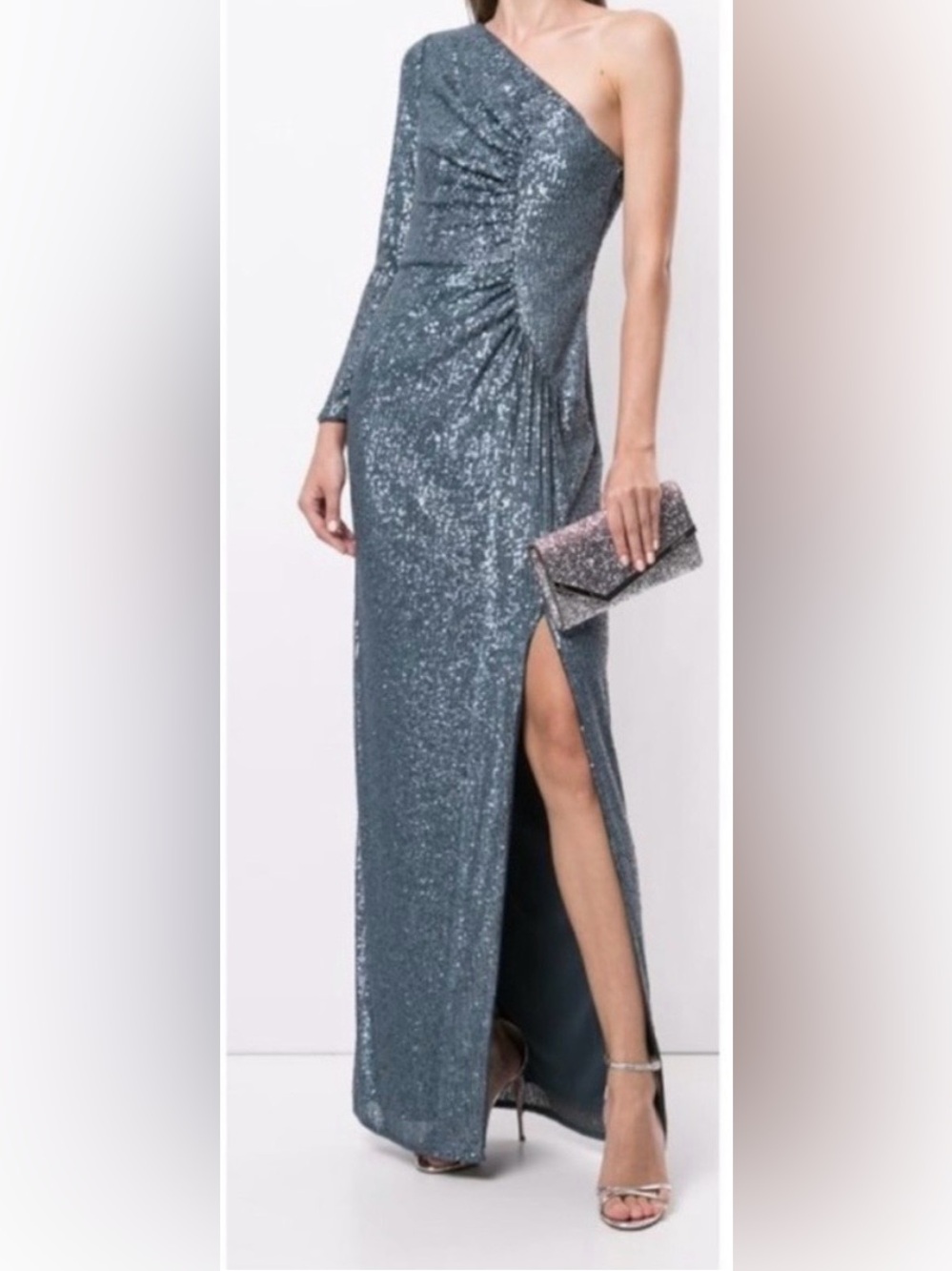 Aidan Mattox Shimmery Navy Blue One-Shoulder Long Sleeve Gown